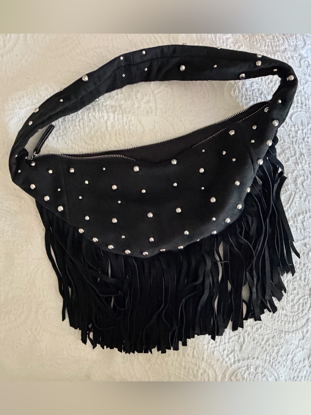 ZARA Black Studded Fringe Hobo Shoulder Bag Western Boho